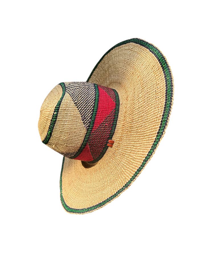 Ghanaian Straw Hats With Wide Brim Band & Leather - Green and Tan. Size:22-25" Cap. for wholesale by The African Home Goods