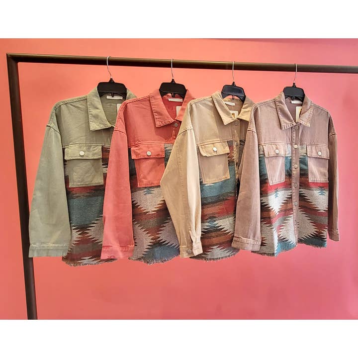 WASHED AZTEC DENIM SHACKET for wholesale by Mapcie