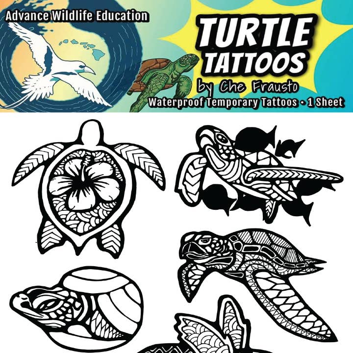 Advance Wildlife Education LLC - Vente Tatouages temporaires - Feuille de tatouage temporaire Sea Turtle (noire)0