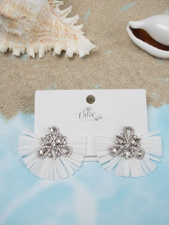 Glitzy Raffia & Rhinestone Earrings - White for wholesale by Nakoa The Label