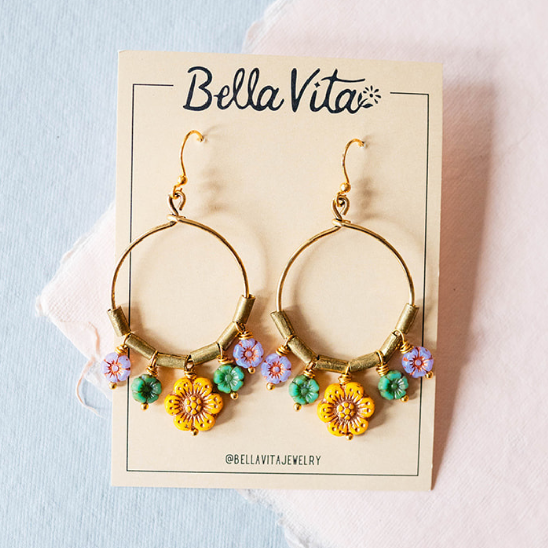 Bella Vita Jewelry - Wholesale Dangle Earrings - Flower Power | Bouquet Hoop Glass Flower Bead Earrings1