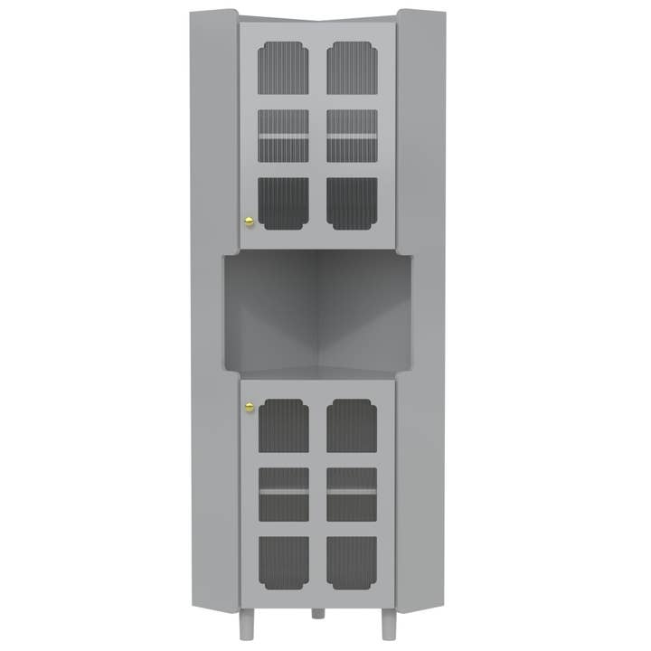 Grå høj hjørnevitrine med lakeret central niche og rillet glas med LED-belysning 63,5x157,5cm FJORDEN for engroshandel hos Urban Meuble