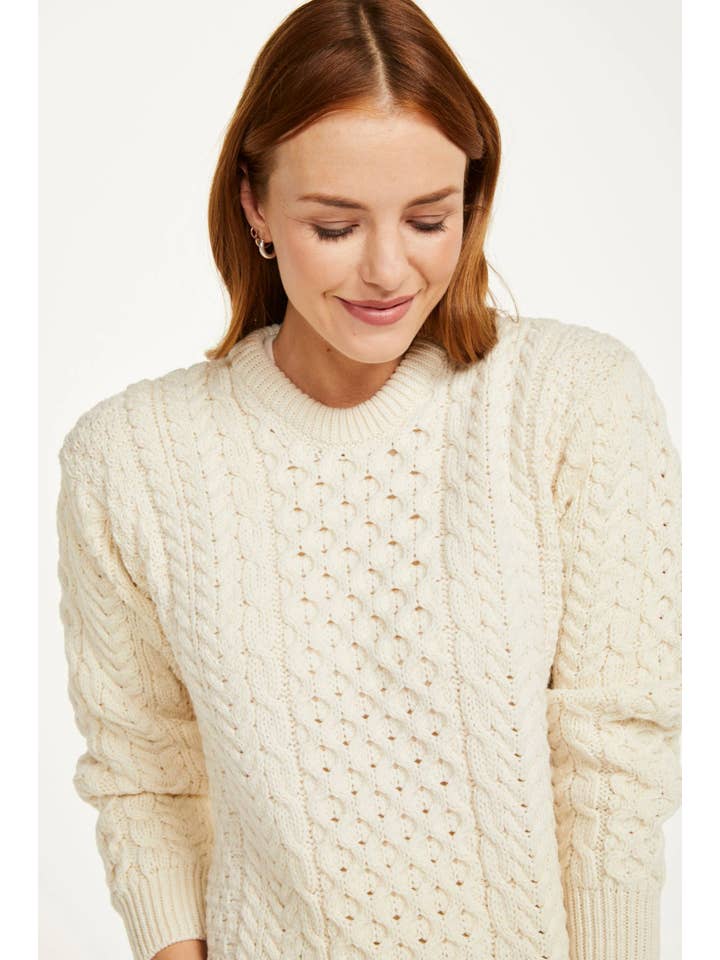 Aran Woollen Mills - Venta al por mayor Jersey de punto - Mujer - Suéter Aran ajustado para mujer Inishmore - color crema