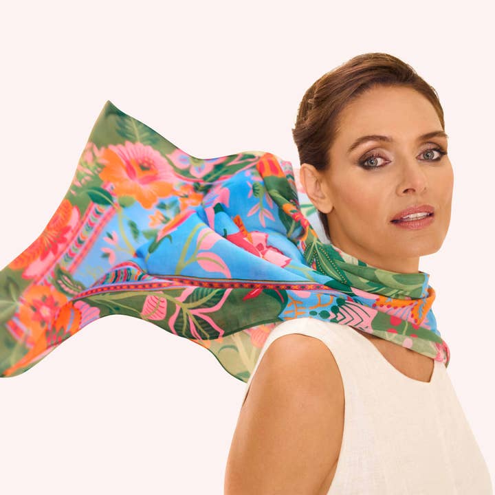 Blue Cotton Scarf - Folky Floral - Cornflower for wholesale on Faire4