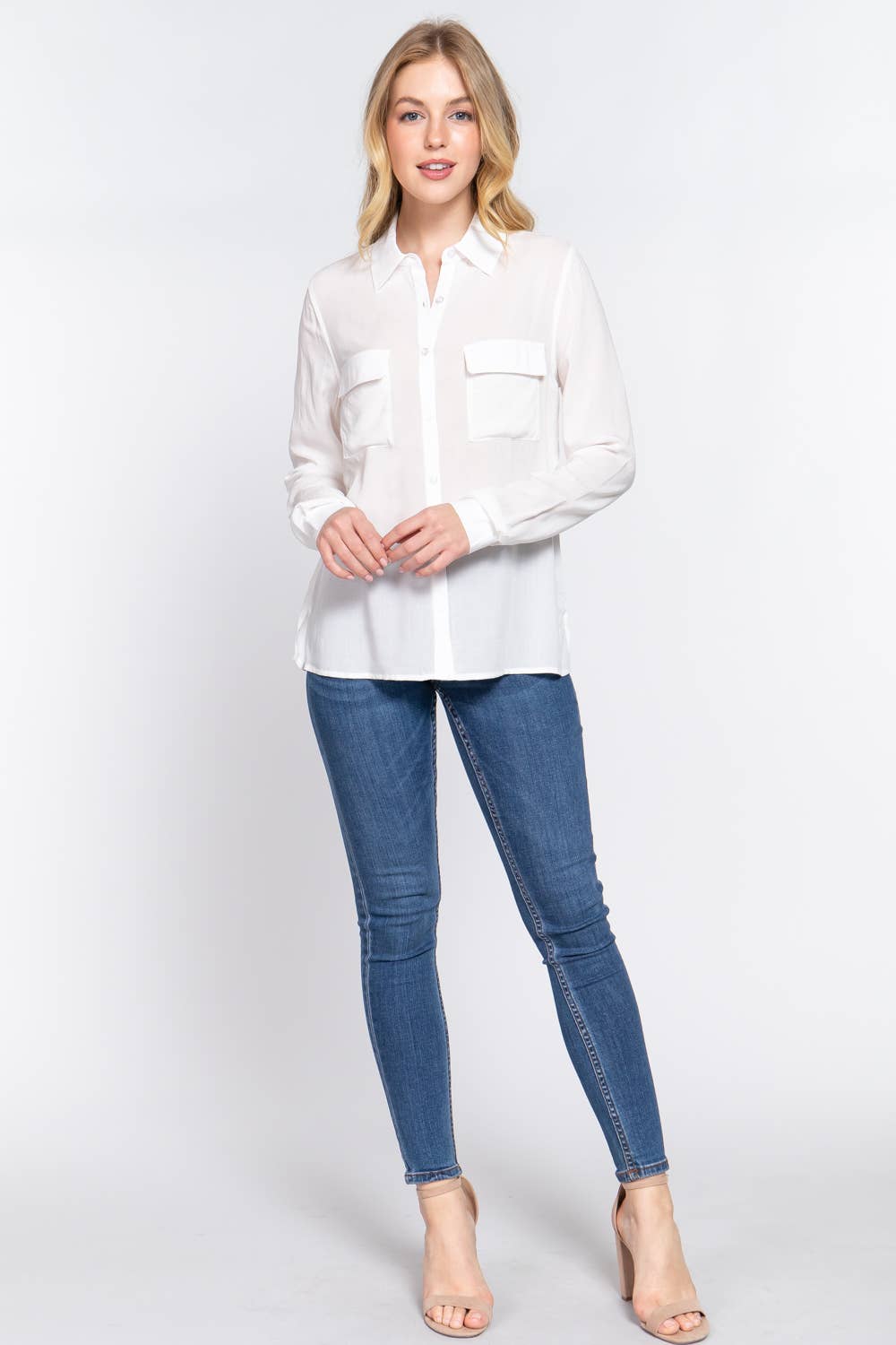 Active Basic | Active USA – wholesale Buttoned-down shirt – Women's – Long Sleeve Front Pocket Woven Shirt 7