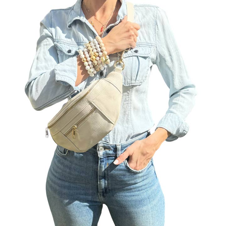 Bridget Beige Leather Crossbody Bag for wholesale by Oriana Lamarca Designs