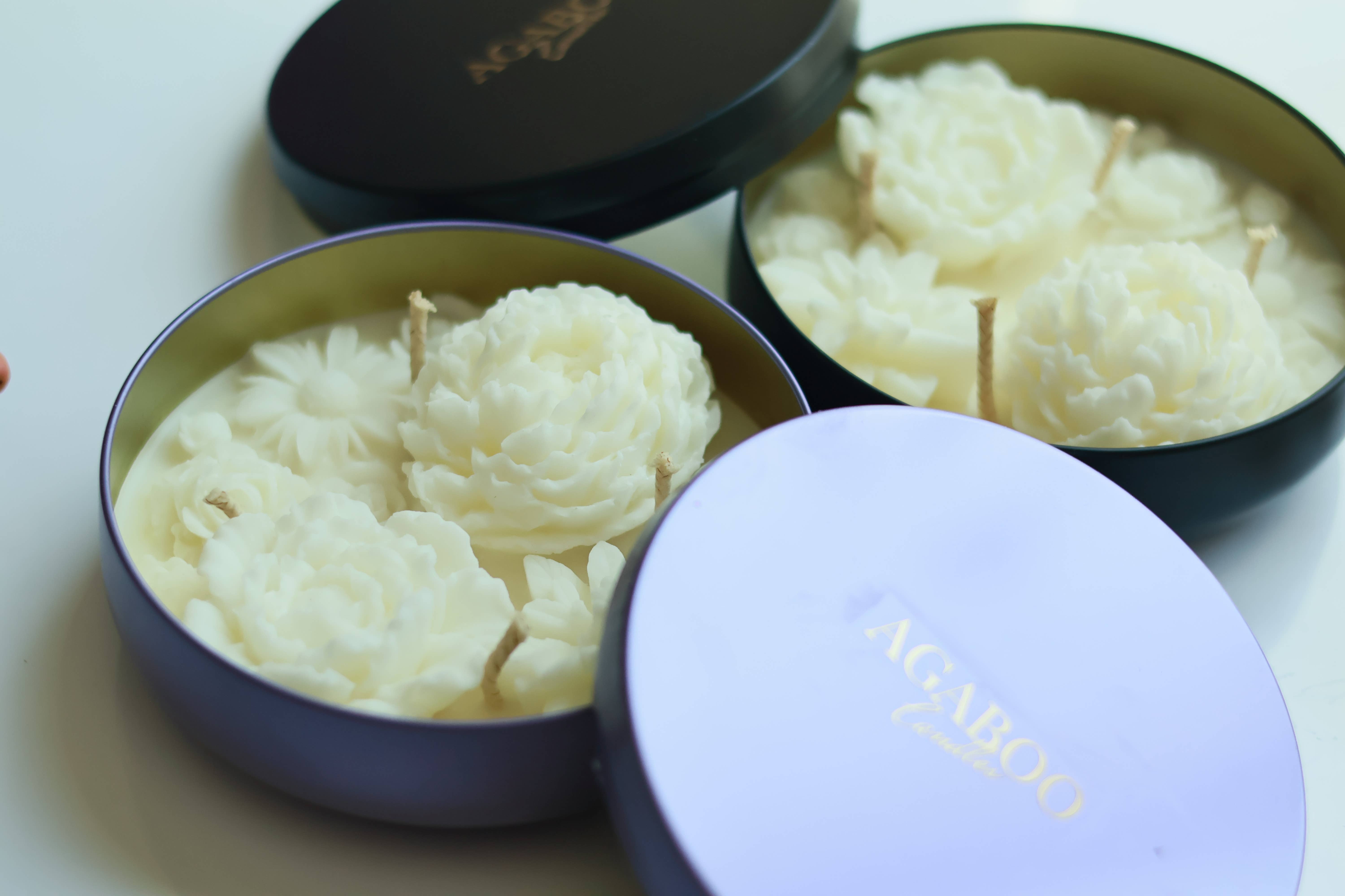 Agaboo Candle – Großhandel Kerze im Glas / gefüllte Kerze – Handgefertigte Flower Blossom Kerze 340 g (12 oz), 2x14 cm – Metallbehälter14