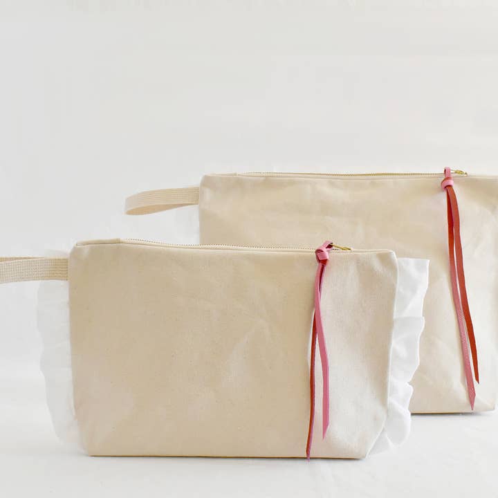 Ruffle Cotton Zipper Pouch- Pink & Red Leather Pull for wholesale by Celina Mancurti, LLC