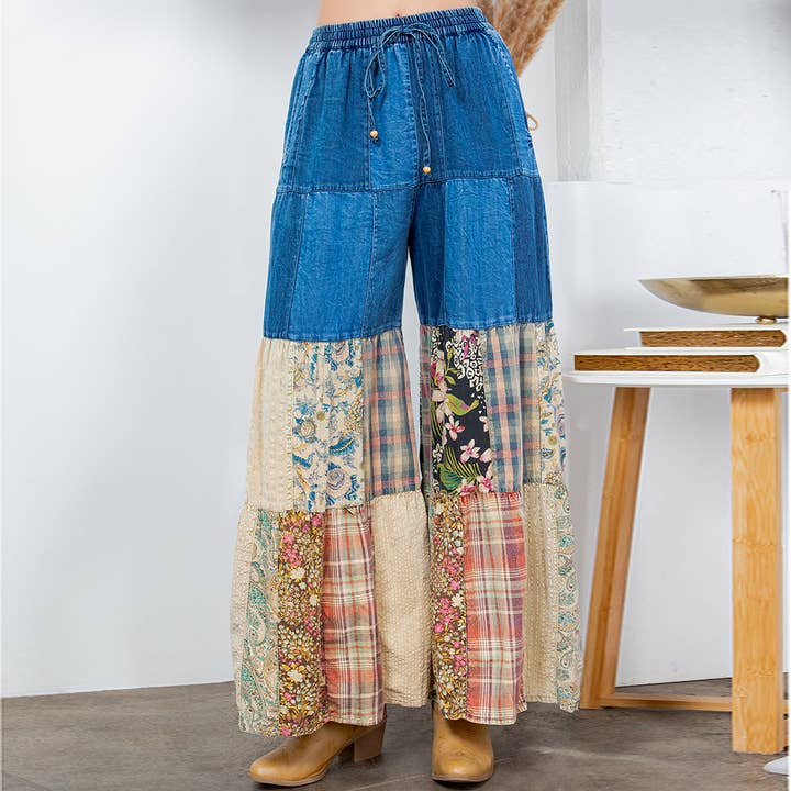 Young Threads - Wholesale Pants - Women's - Western Boho Chic: Tiered Patch Inserted Denim Pants