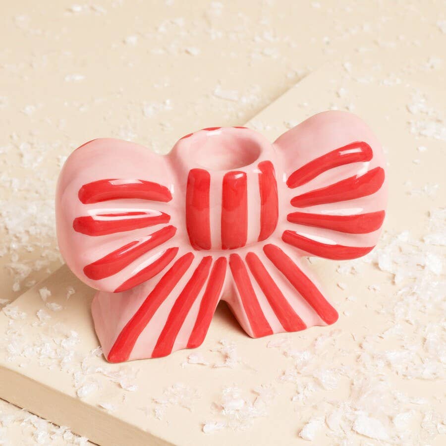 Lisa Angel - Wholesale Candle Holder - Pink and Red Stripe Bow Ceramic Candle Holder1