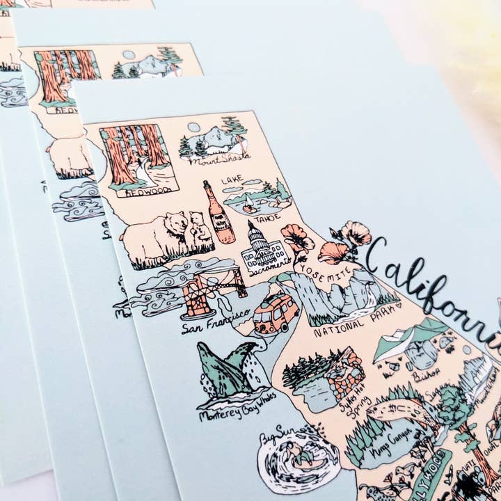 Mary Felker Art and Design - Wholesale Postcard - California postcard, California Souviner, California map art1