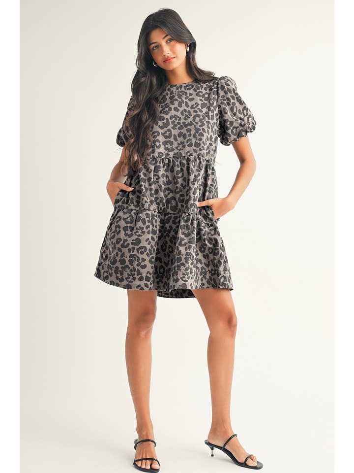 Brown LDC Denim Leopard Printed Short Sleeve Flared Mini Dress for wholesale on Faire