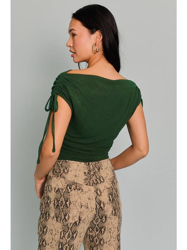 Green Sleeveless Boat Neck Bodysuit With Tie for wholesale on Faire