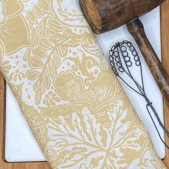 Linen Tea Towel, Artsy Floral Bird -Everyday - HONEY WHEAT for wholesale by Cher the Fire