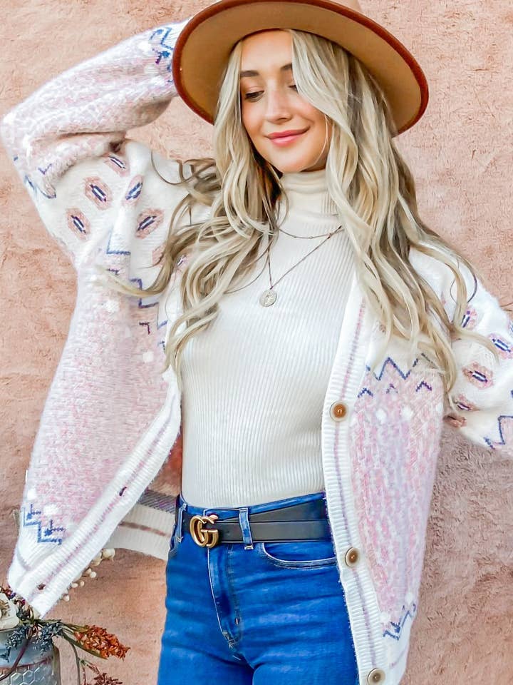 AND THE WHY - Wholesale Cardigan - Women's - ATW14287 - Button Down Front Aztec Print Cardigan