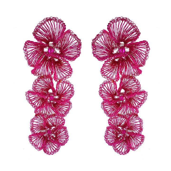 Pink Plumeria Cascade Handmade Crochet Long Earrings for wholesale by Lavish By Tricia Milaneze