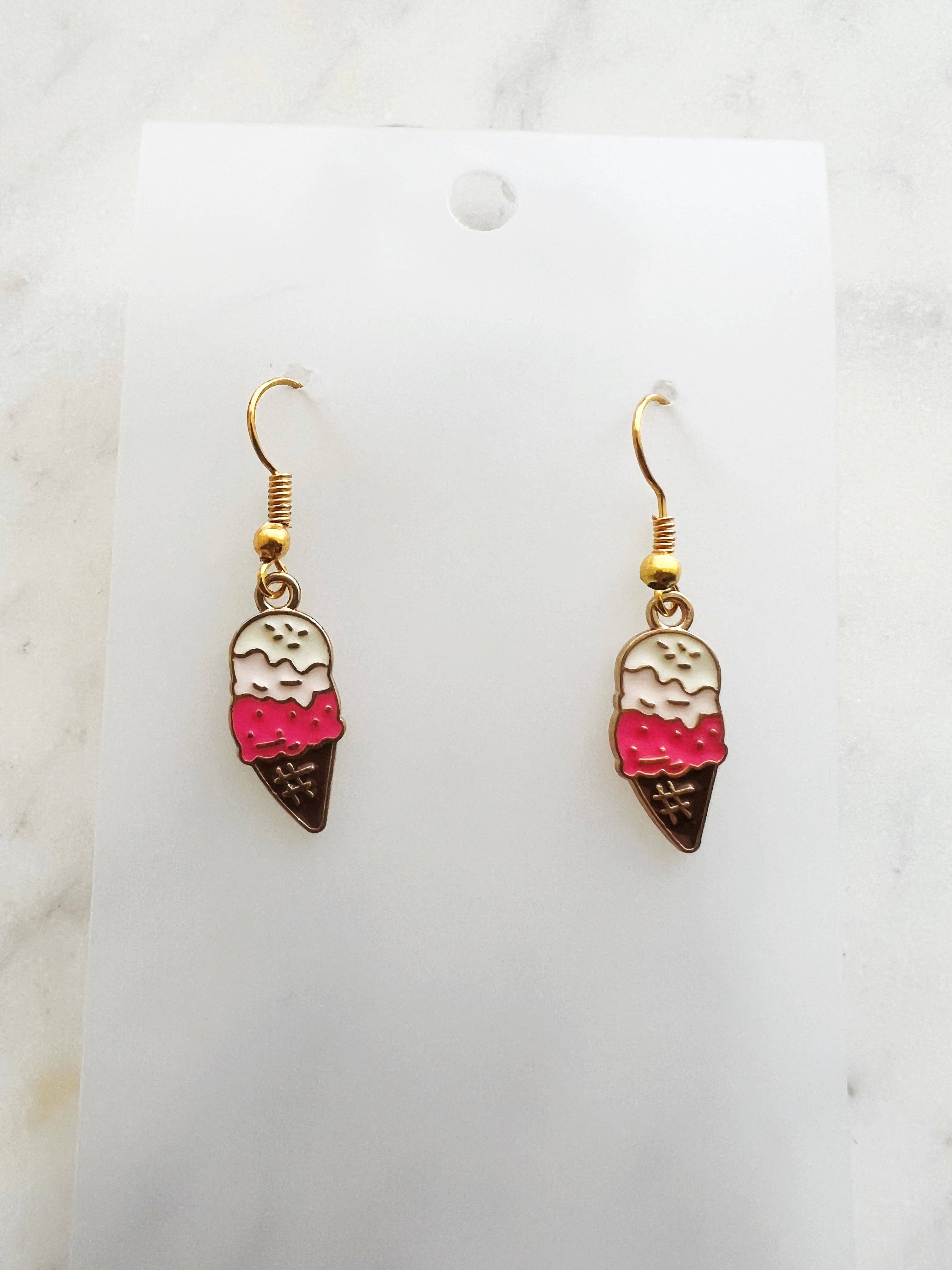 Carmen Miller Jewellery - Wholesale Dangle earrings - Kawaii Enamel Pink Ice Cream Cone Dangle Earrings0