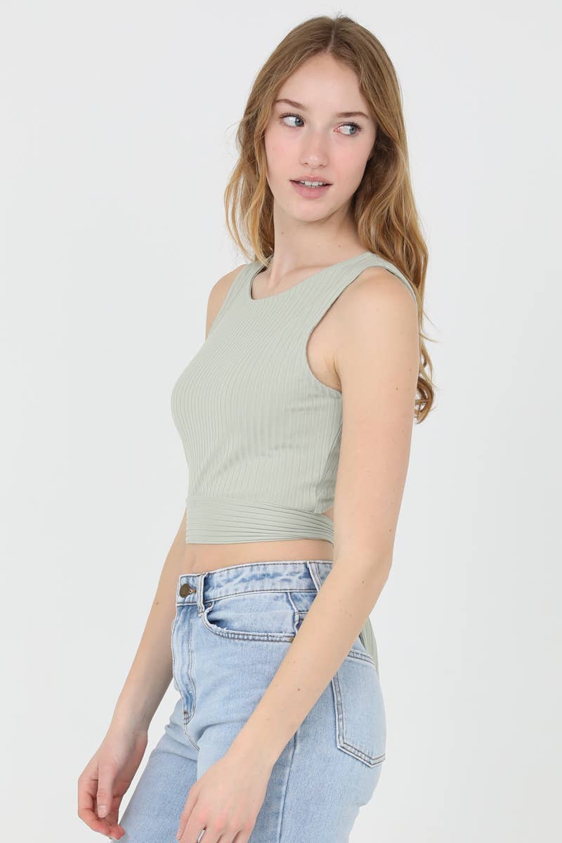 ANGIE - Wholesale Knit Top - Women's - X2DU9-ASIS RIB KNIT STRAPPY BACK TIE WAIST TOP2