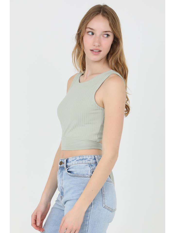 ANGIE - Wholesale Knit Top - Women's - X2DU9-ASIS RIB KNIT STRAPPY BACK TIE WAIST TOP2