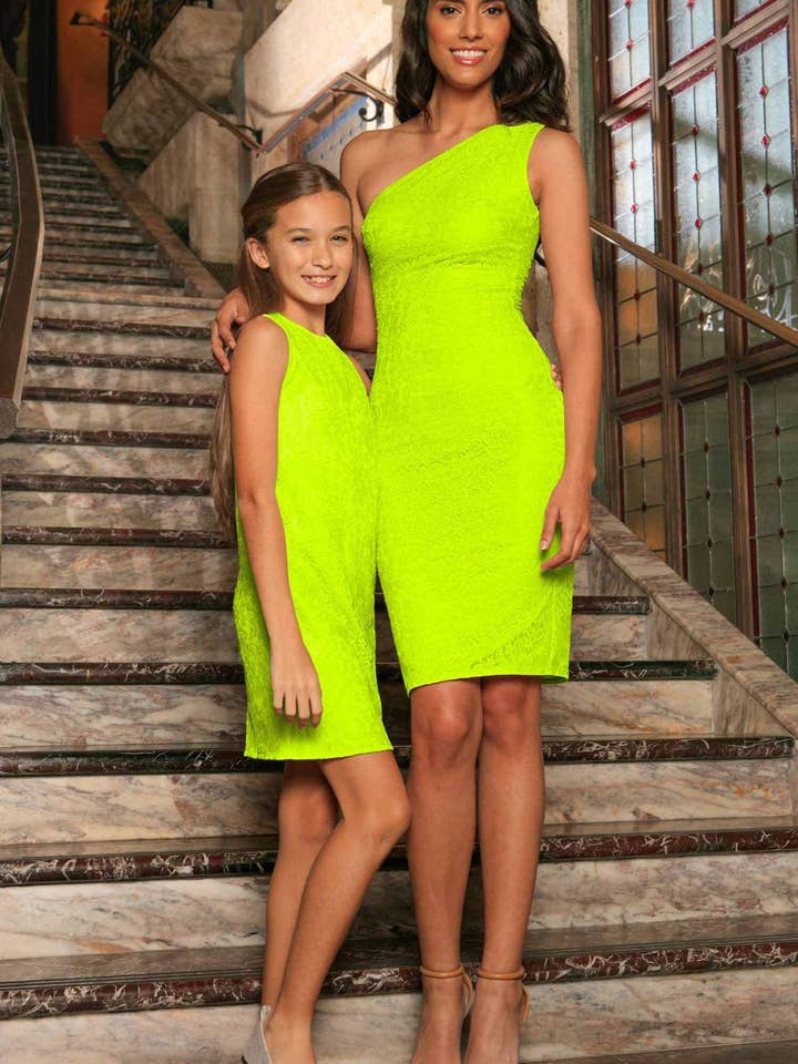 Bright Neon Yellow Stretchy Lace Mommy & Me Summer Dresses for wholesale by Pineapple Clothing