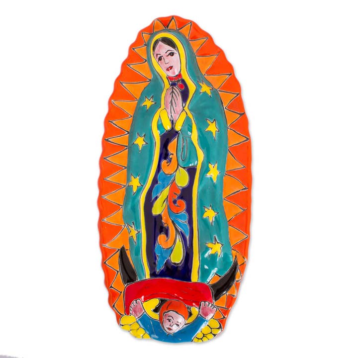 Talavera Guadalupe In Orange Ceramic Wall Sculpture for wholesale by NOVICA