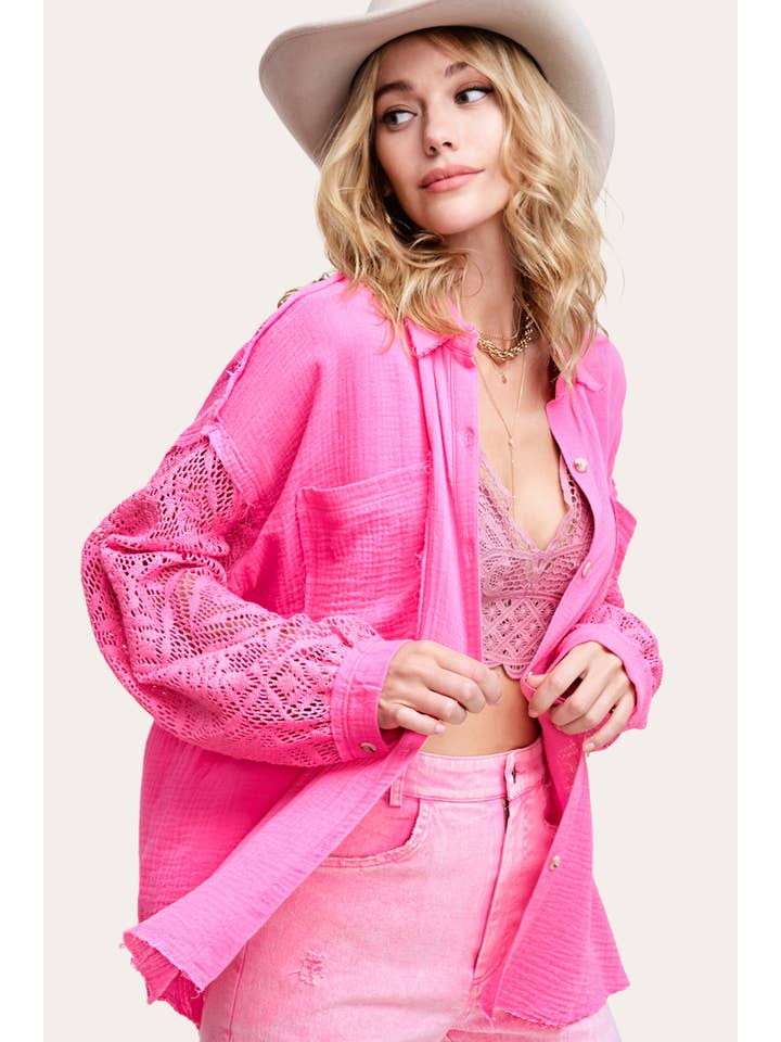 La Miel - Wholesale Button Down Shirt - Women's - SRT7455-Crochet Detailed Sleeve Gauze Button Down Shirts
