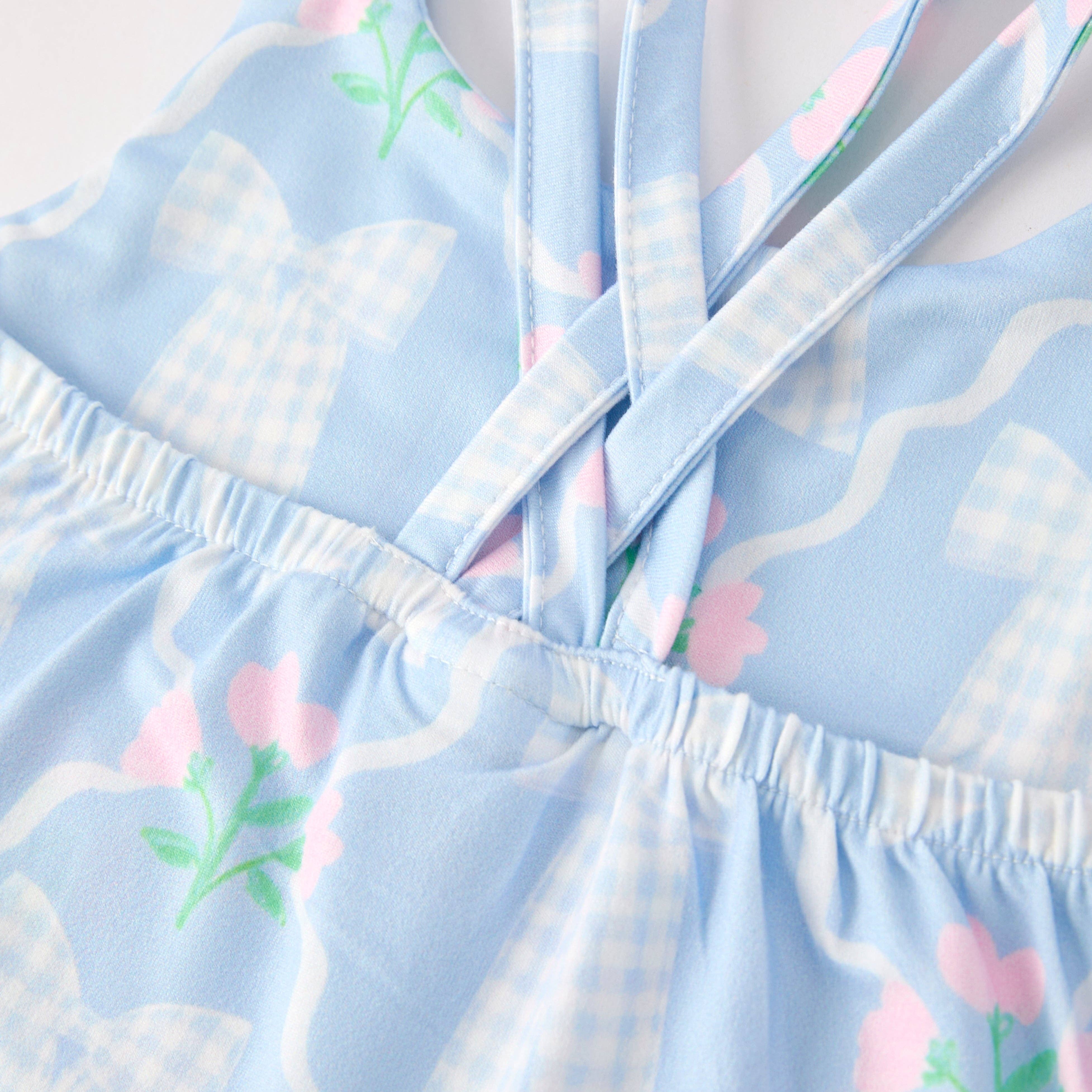 Auraquise - Wholesale Top & Short Set - Kids - Girls Summer Blue Pink Bow Print Athletic Ruffled Skirt Set4