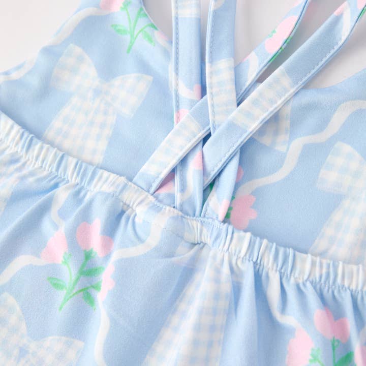 Auraquise - Wholesale Top & Short Set - Kids - Girls Summer Blue Pink Bow Print Athletic Ruffled Skirt Set4