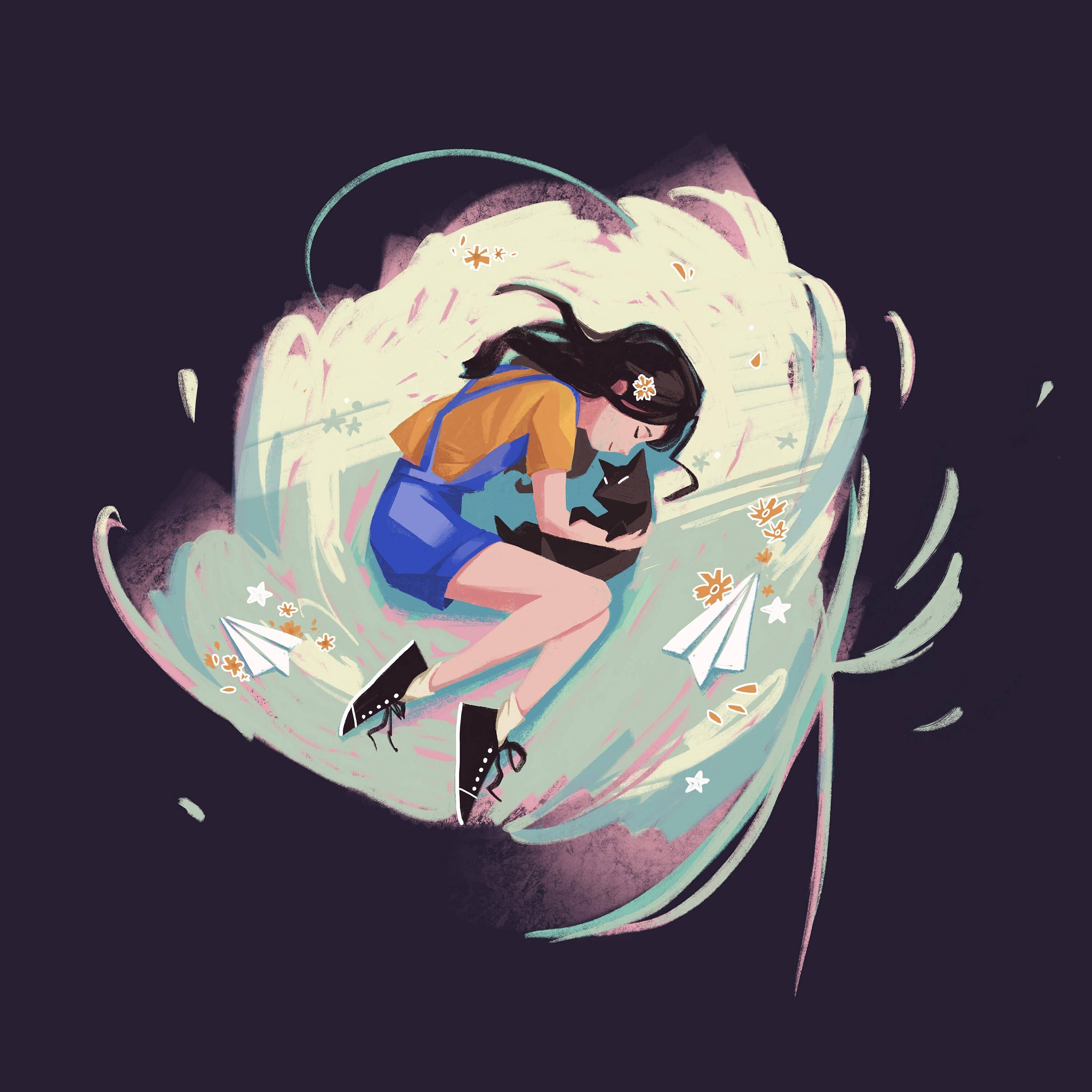 Sang Lam Art - Wholesale Art Print - Iridescent Foil Girl And Black Cat Small Print 5X5"0