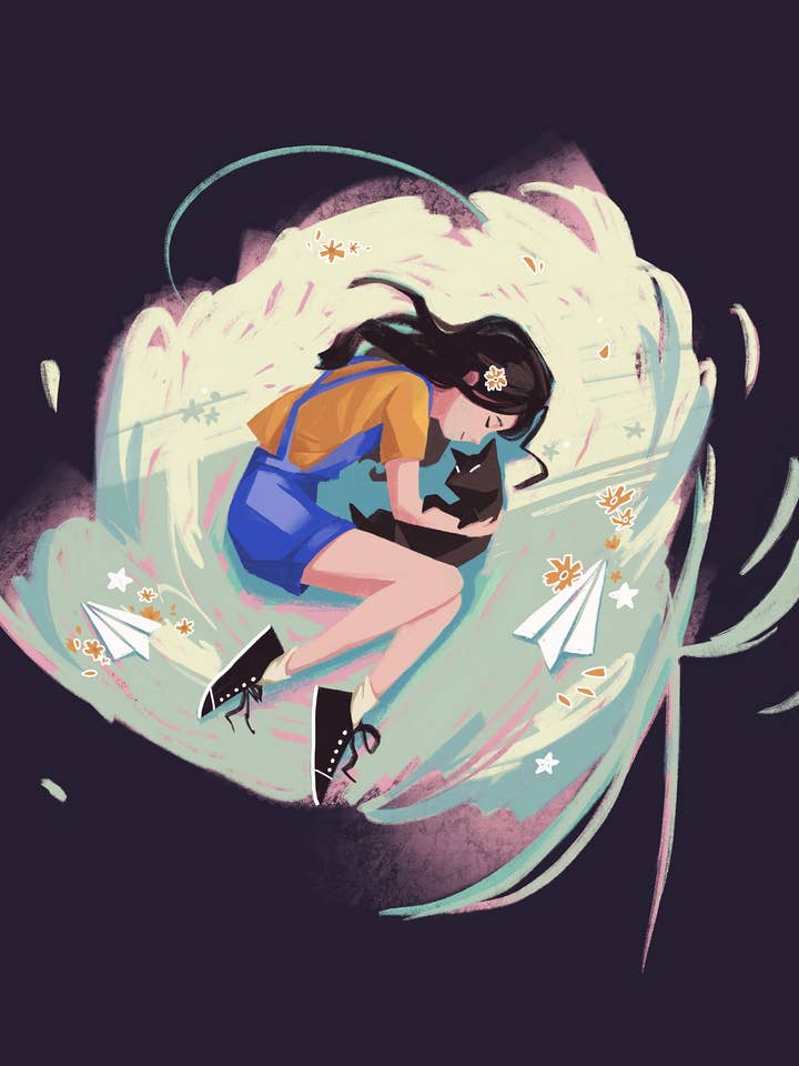 Petit imprimé en aluminium irisé pour fille et chat noir, 5 x 5 pouces pour la vente par Sang Lam Art