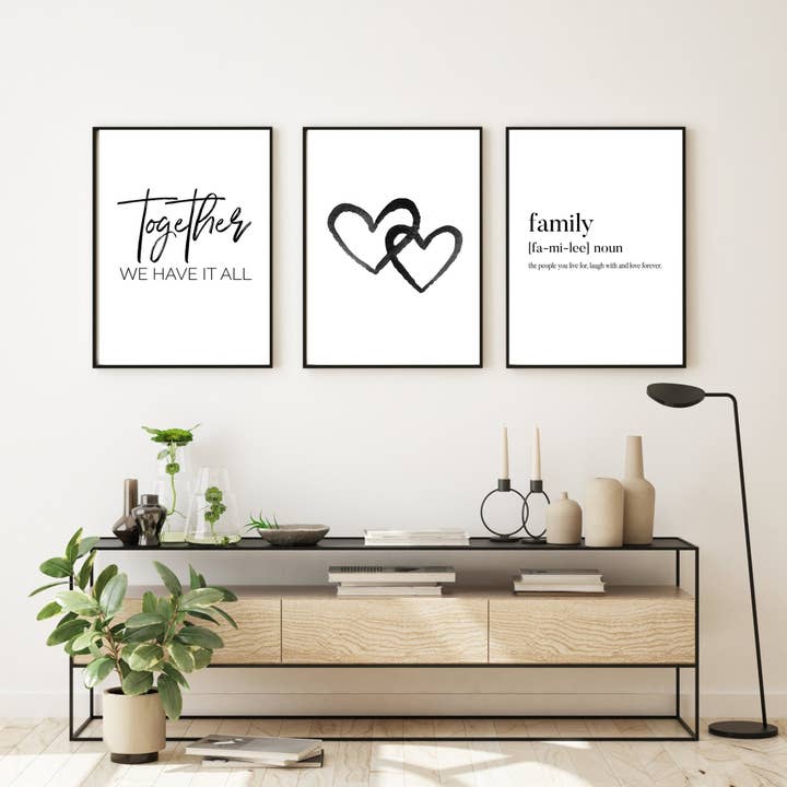 Tillsammans | Svarta Hjärtan | Familjeset med 3 Tryck för wholesale av D'LUXE PRINTS