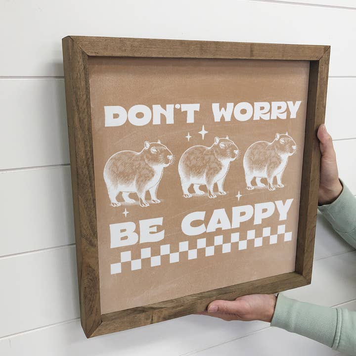 Hangout Home - Wholesale Wall Sign - Don't Worry Be Cappy - Funny Animal Canvas Art - Wood Framed2