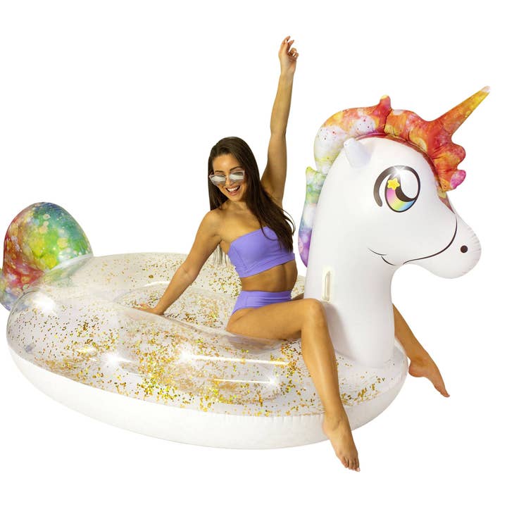Gigantic Rainbow Glitter Unicorn Pool Raft for wholesale by PoolCandy