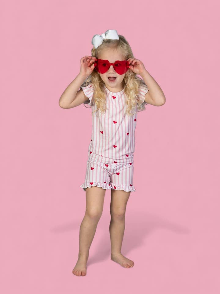 SWEETHEART STRIPES DREAM RUFFLE SHORT SET for wholesale by Dream Big Little Co.