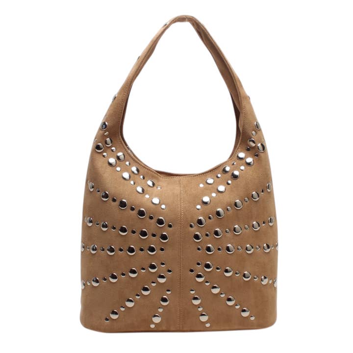 Borsa hobo a spalla, con zip, borchie argentate, effetto scamosciato per la vendita all'ingrosso da parte di BESTINI