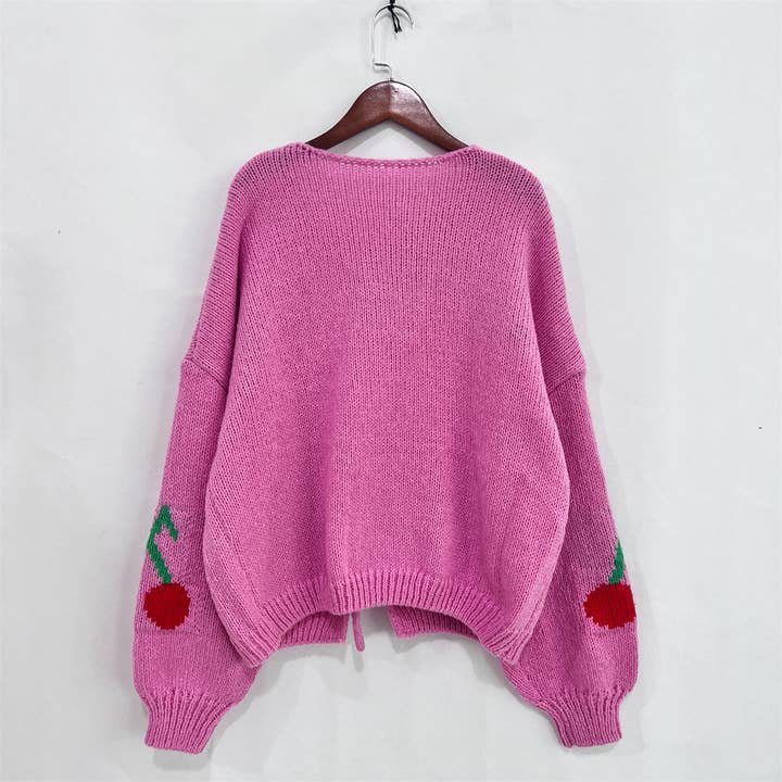 Little Trendy - Wholesale Cardigan - Women's - Bow tie Cherry jacquard knitted cardigan coat