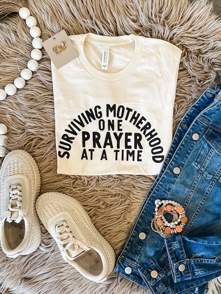 Surviving Motherhood Prayer Graphic Tee in Natural for wholesale by Jupe De Abby