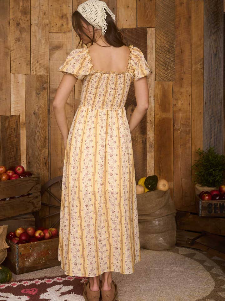YELLOW MULTI FLORAL STRIPE PATTERN SMOCKED MIDI DRESS for wholesale on Faire