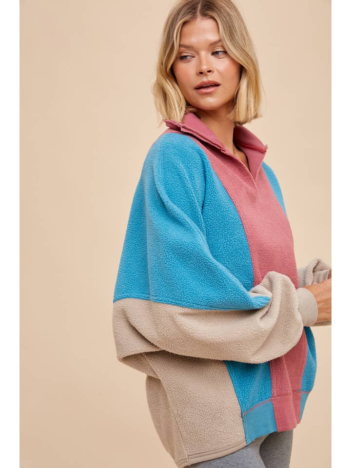 TAUPE MULTI COLOR BLOCK PANELED FLEECE PULLOVER for wholesale on Faire