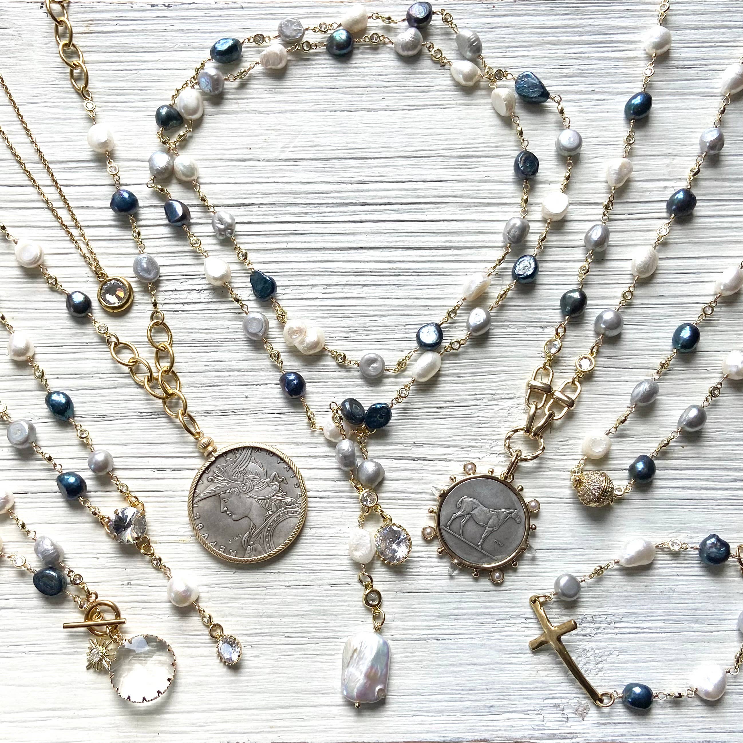 VB&CO Designs Handmade Jewelry - Wholesale Pendant/Charm Necklace - Sunburst charm crystal  necklace-multi denim mix,color pearl5