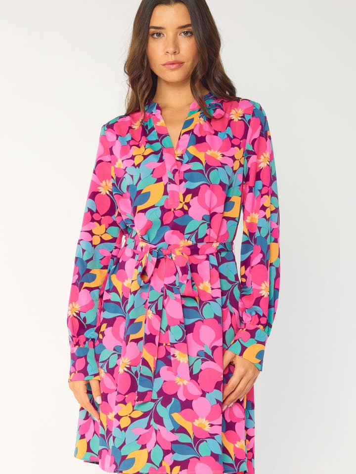 ID4254 - PRINTED V NECK DRESS WITH SELF TIE BELT for wholesale by FSL Apparel