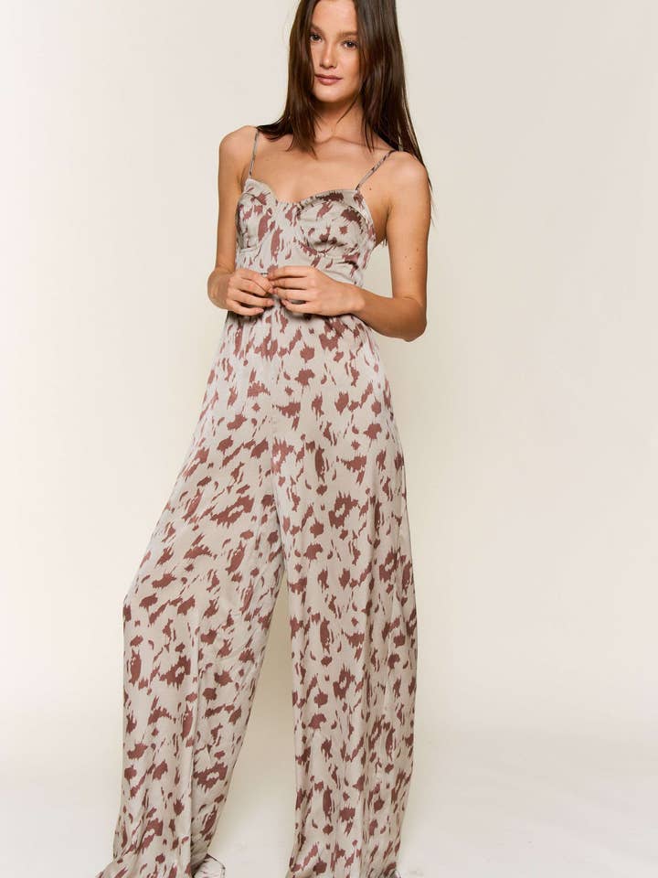 OLIVE BROWN ANIMAL PRINT SPAGHETTI STRAP TIE BACK JUMPSUIT for wholesale on Faire