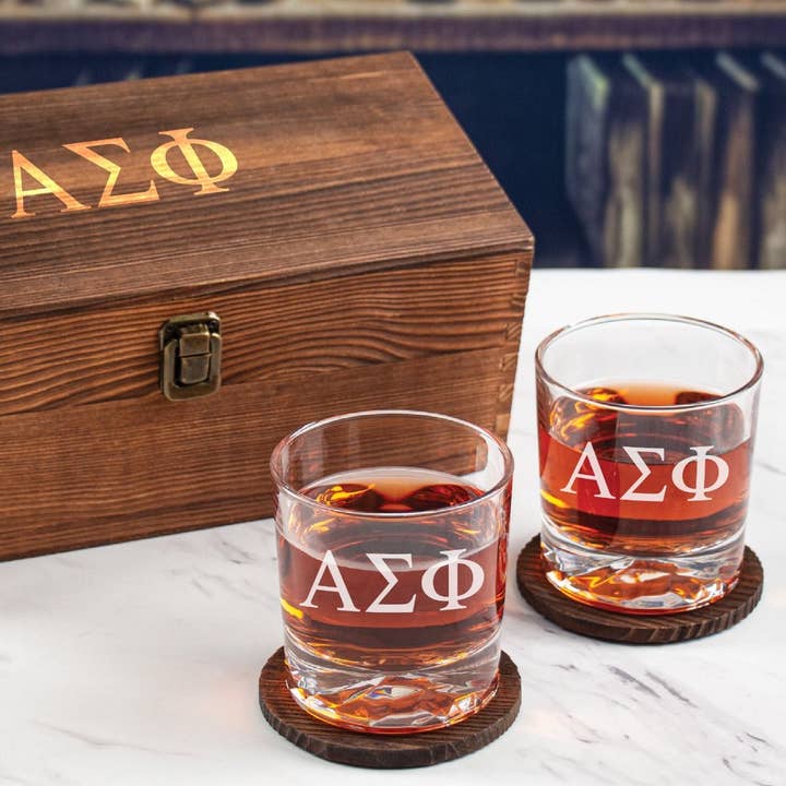 MB Brands Inc - Wholesale Cocktail/Liquor Glass - Alpha Sigma Phi Custom Engraved Personalized Whiskey Glasses In Wood Gift Box