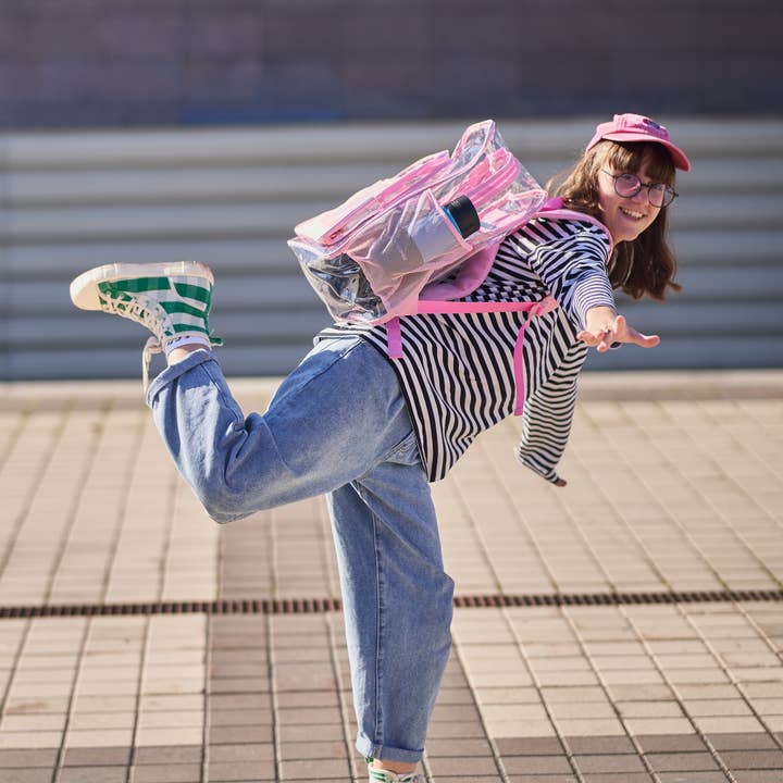 Rhinocéros rose Sac à dos transparent pour école XL | Fermeture éclair supérieure YKK® | Pink Rhino en vente sur Faire12