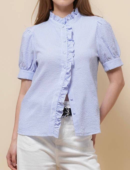Sweetkama - Vendita all'ingrosso Camicia button down - Donna - Camicia a righe con maniche corte e collo arricciato da donna SKT510874