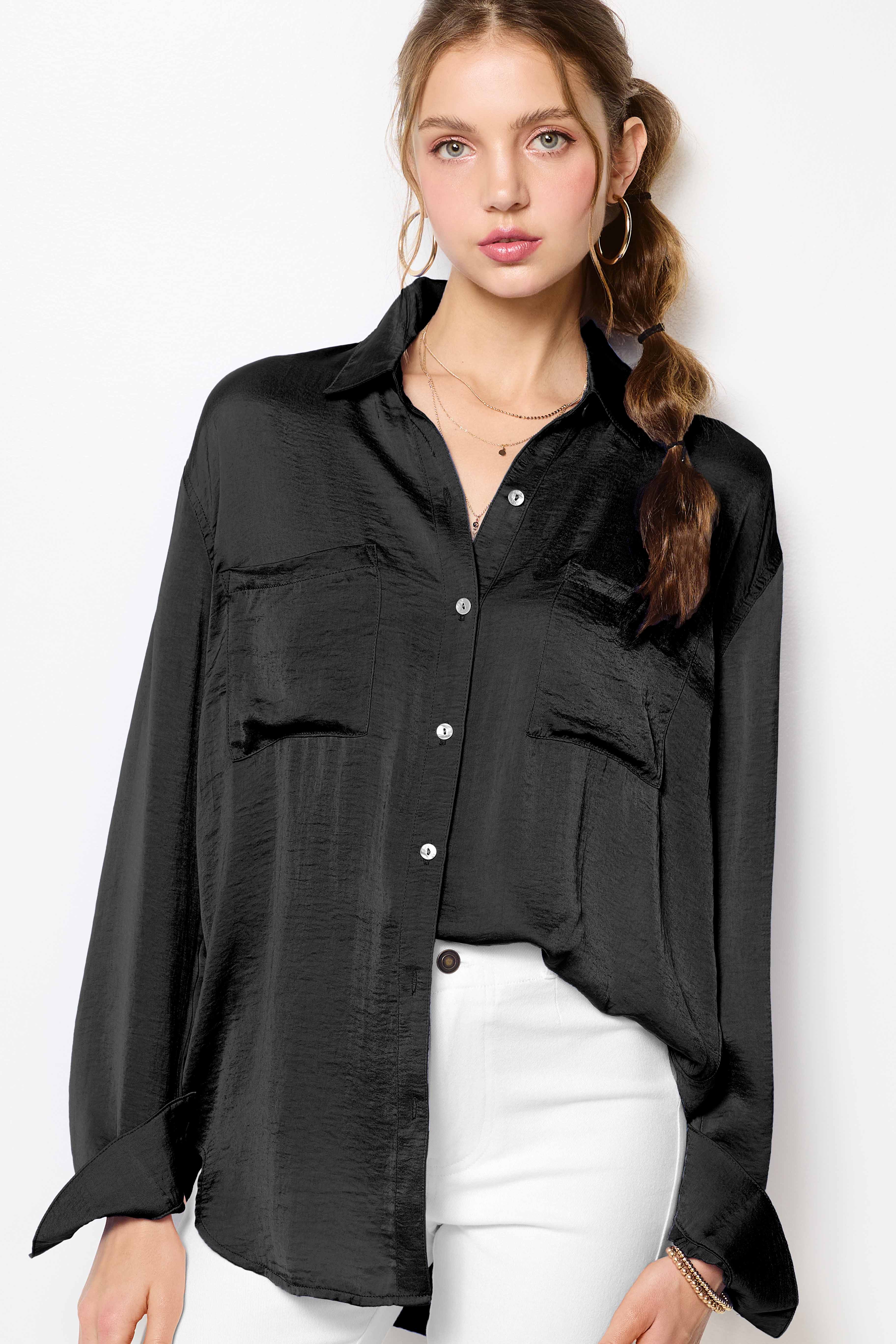 La Miel - Wholesale Button Down Shirt - Women's - SRT7452-Silky and Flowy Button Down Long Sleeve Shirts23