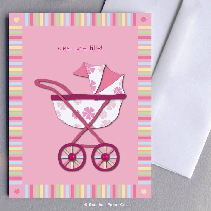 French New Baby Girl Stroller Card for wholesale by Seashell Paper Co.