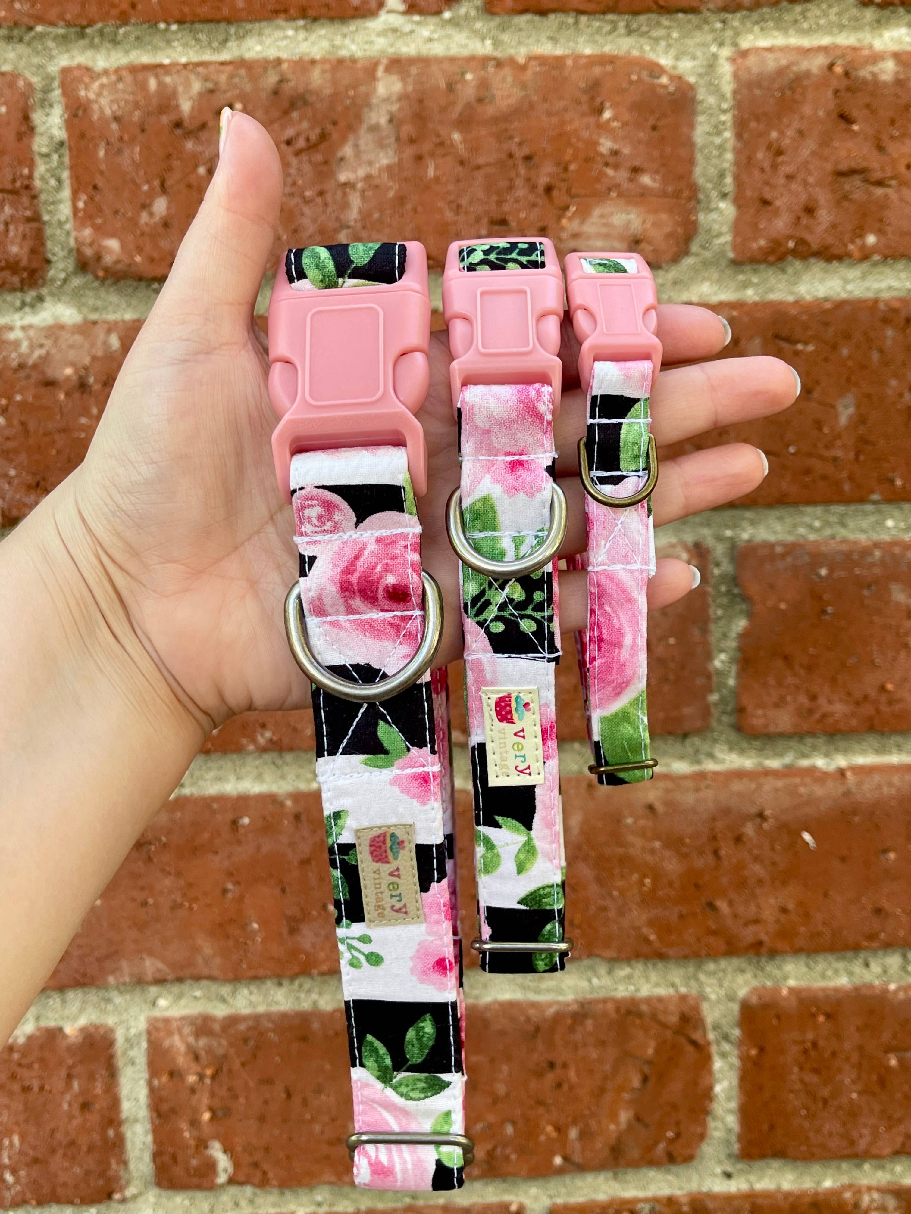 Very Vintage Designs - Wholesale Pet Collar - Cat/Dog - Rosie Dog Collar – Pink Rose Floral Stripe – Handmade in USA2