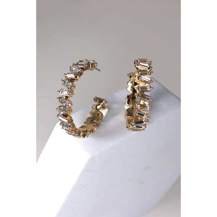 GOLD BAGUETTE RHINESTONE HOOP EARRINGS | 31E23622 for wholesale on Faire1