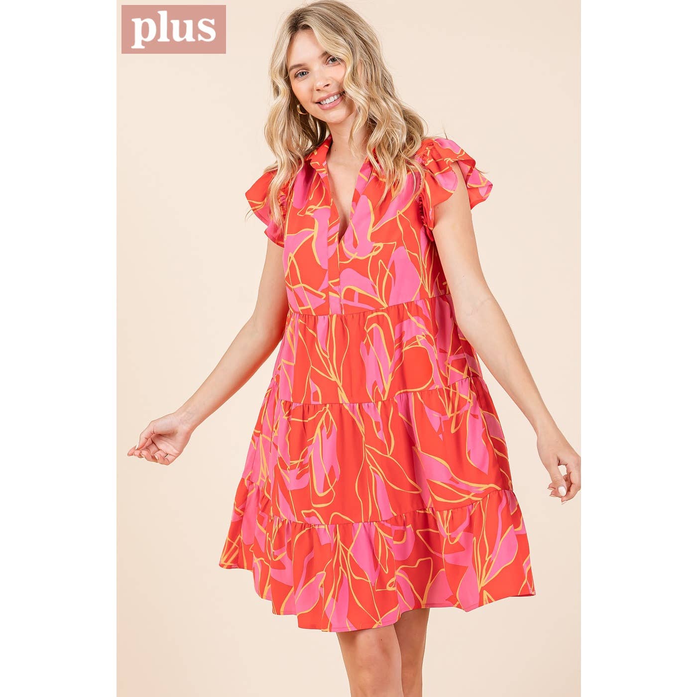 mittoshop - Wholesale Dress - Women's - PLUS LEAF PRINT RUFFLE SLEEVE TIERED MINI DRESS2